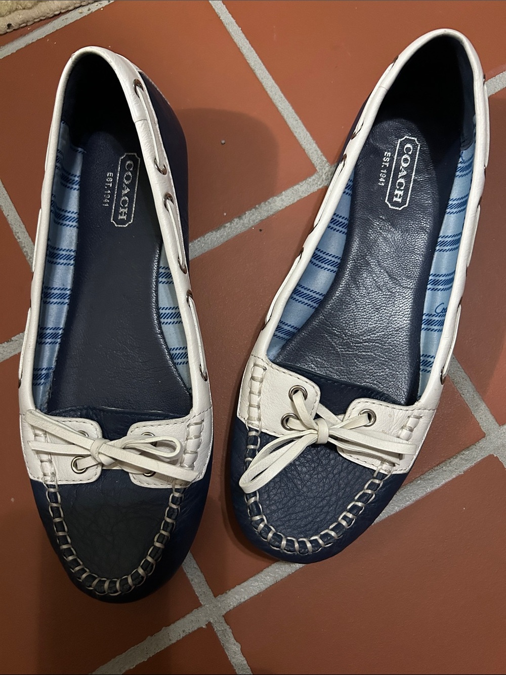 COACH Percy Crinkle Navy and Cream Leather Moccasin Flats with Bow